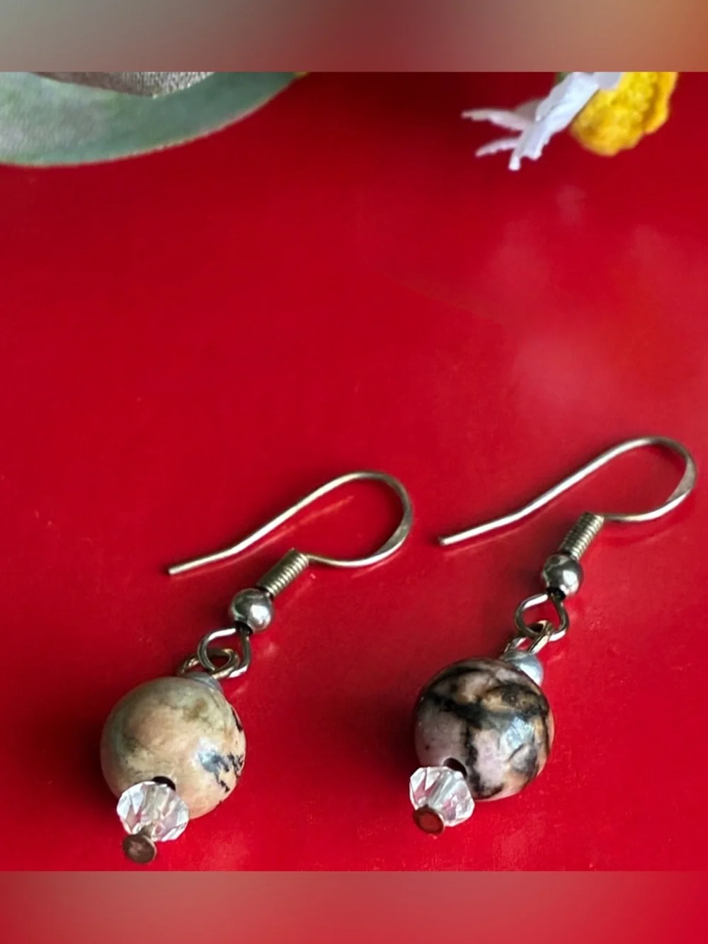 925 Silver Earrings,Black and Cream Marble Bead Drop Earrings with Silver. - Picture 4 of 7